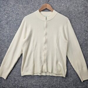 Preppy Cardigan Sweater Womens Medium Cream Full Zip Ribbed Stretch Work SHU SHU